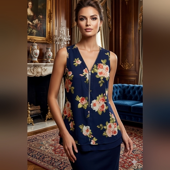 Tops - Floral Sleeveless Dress with Zipper